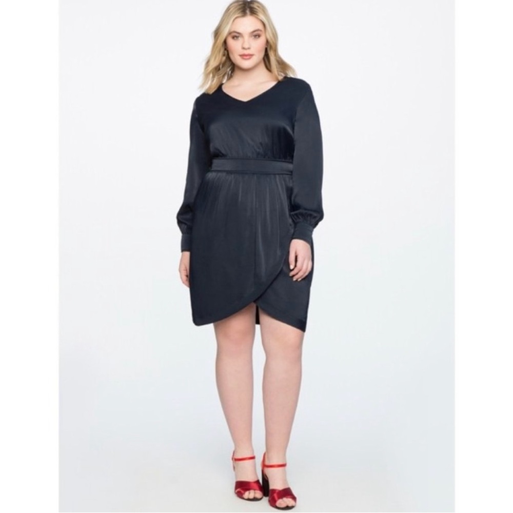 ELOQUII Navy Satin Faux Wrap Padded Shoulders Long Sleeves Dress Size 18